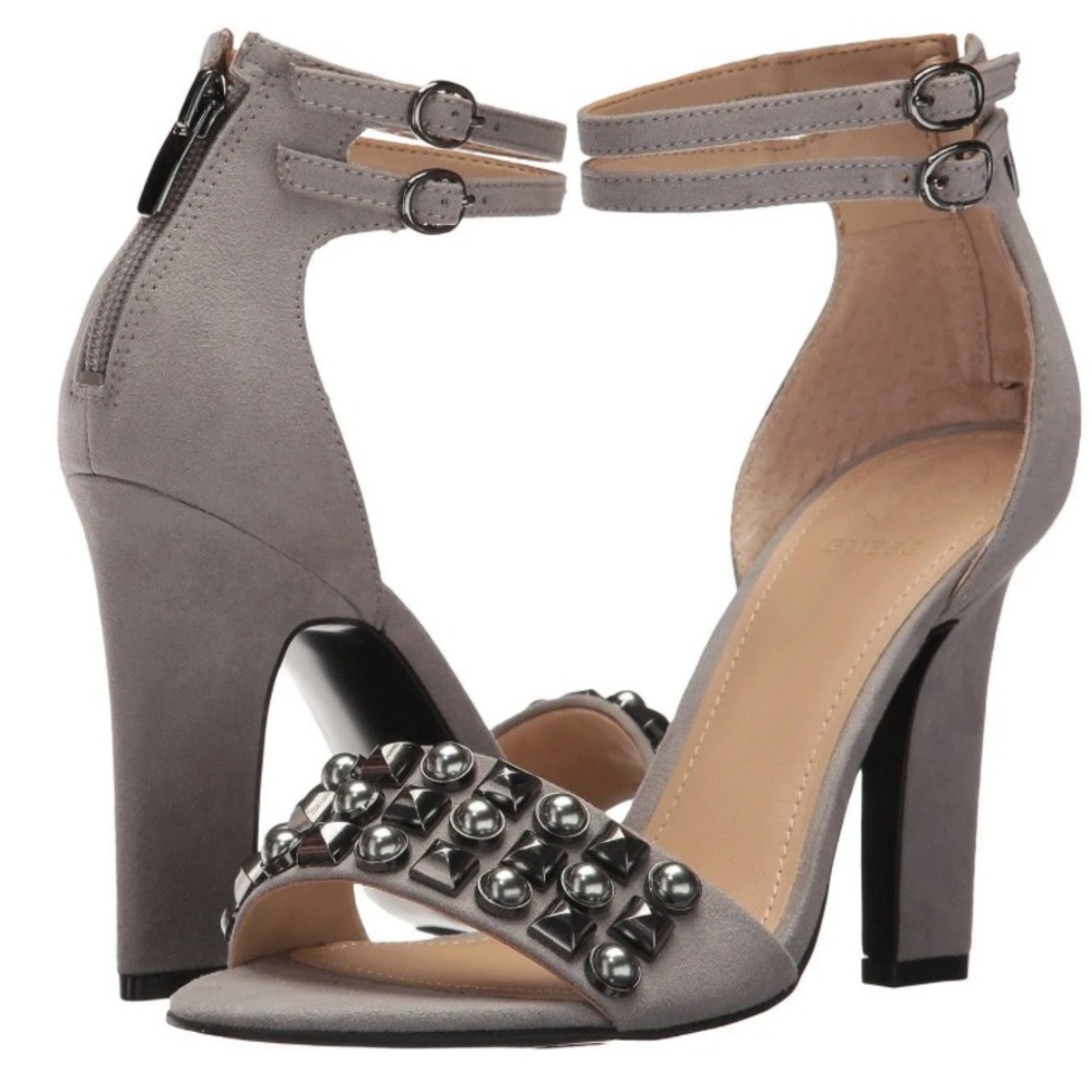 NEW Guess Petunia Grey Suede Metal Bead Open Toe Heels 7